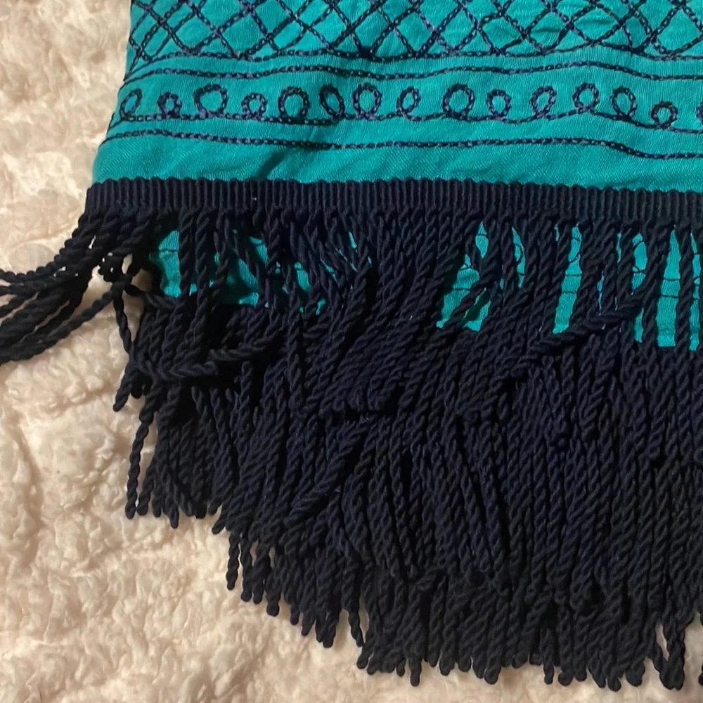 Teal and navy eternity scarf, navy embroidery and tassel details